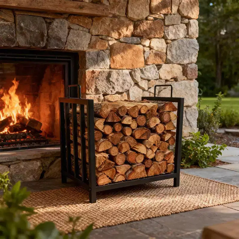 Range-bûches robuste en métal de 44,5 cm avec poignées, support à bûches portable intérieur/extérieur pour cheminée, brasero, terrasse