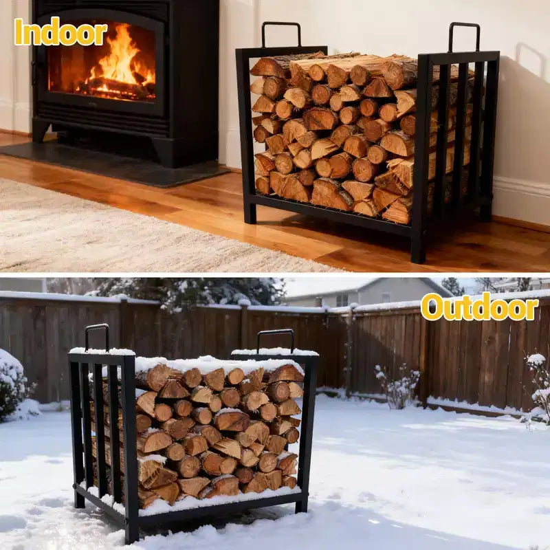 Range-bûches robuste en métal de 44,5 cm avec poignées, support à bûches portable intérieur/extérieur pour cheminée, brasero, terrasse