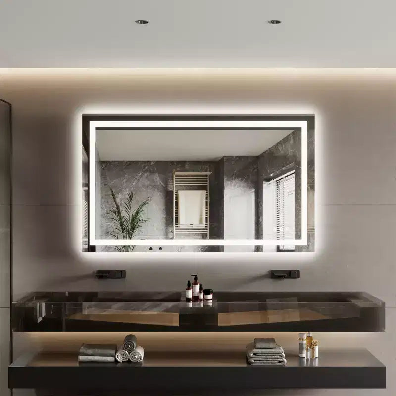 Miroir de salle de bain LED sans cadre avec double bande lumineuse, éclairage avant et arrière dimmable, anti-buée, 3 températures de couleur, commande tactile à mémoire