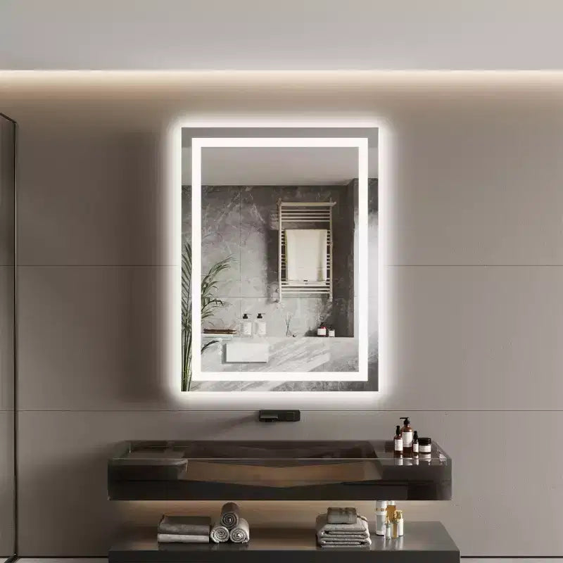 Miroir de salle de bain LED sans cadre avec double bande lumineuse, éclairage avant et arrière dimmable, anti-buée, 3 températures de couleur, commande tactile à mémoire