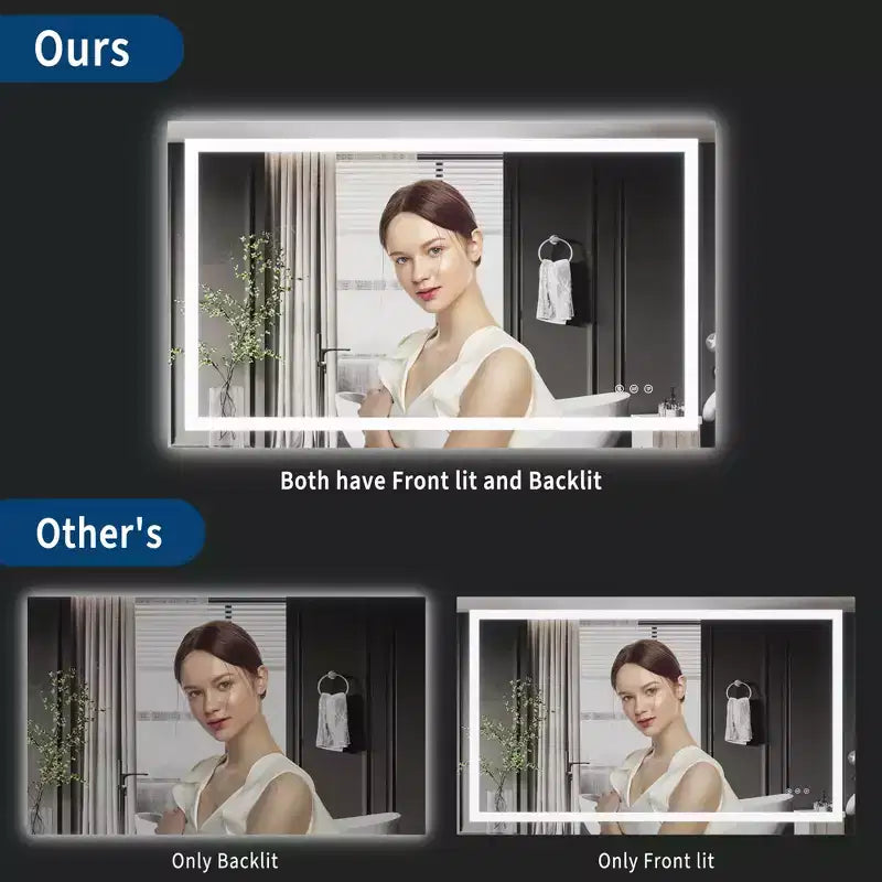 Miroir de salle de bain LED sans cadre avec double bande lumineuse, éclairage avant et arrière dimmable, anti-buée, 3 températures de couleur, commande tactile à mémoire
