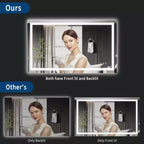 Miroir de salle de bain LED sans cadre avec double bande lumineuse, éclairage avant et arrière dimmable, anti-buée, 3 températures de couleur, commande tactile à mémoire
