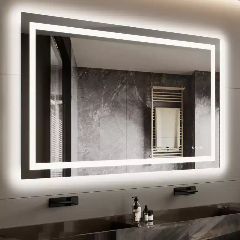 Miroir de salle de bain LED sans cadre avec double bande lumineuse, éclairage avant et arrière dimmable, anti-buée, 3 températures de couleur, commande tactile à mémoire