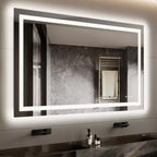 Miroir de salle de bain LED sans cadre avec double bande lumineuse, éclairage avant et arrière dimmable, anti-buée, 3 températures de couleur, commande tactile à mémoire