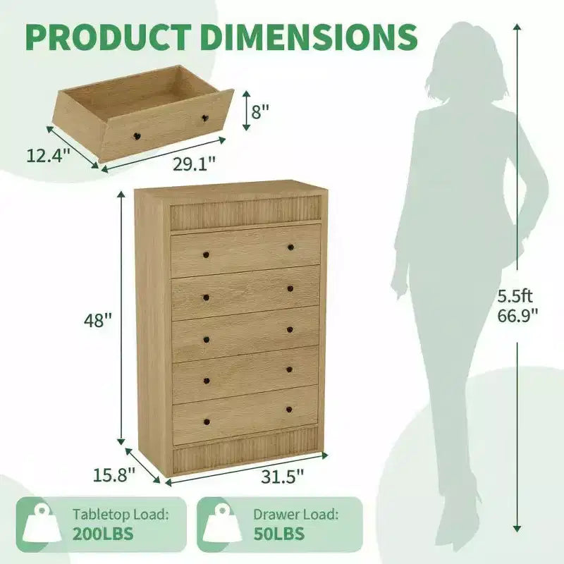Commode haute de 31,5 po pour chambre à coucher, commode cannelée, armoire de rangement moderne en bois à 5 tiroirs, pour chambre d'enfant, couloir, salon