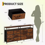 Commode longue de 63 po pour salon, commode en tissu à 12 tiroirs pour chambre à coucher, commode avec étagères ouvertes