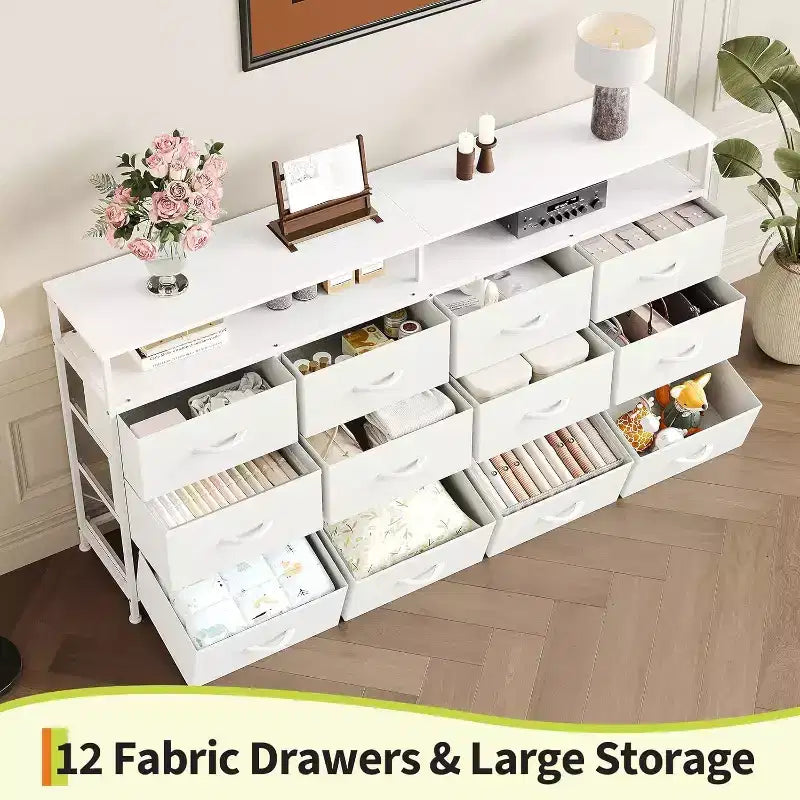 Commode longue de 63 po pour salon, commode en tissu à 12 tiroirs pour chambre à coucher, commode avec étagères ouvertes