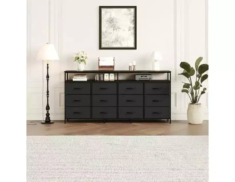 Commode longue de 63 po pour salon, commode en tissu à 12 tiroirs pour chambre à coucher, commode avec étagères ouvertes