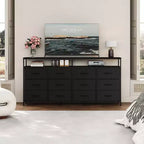 Commode longue de 63 po pour salon, commode en tissu à 12 tiroirs pour chambre à coucher, commode avec étagères ouvertes