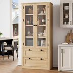 Garde-manger moderne de style ferme de 72 po – Armoire de rangement haute avec portes vitrées, 2 tiroirs et étagères réglables pour salle à manger et salon