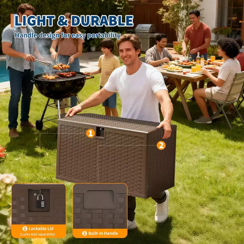 Grand coffre de rangement extérieur en résine de 450 litres – Conteneur de rangement étanche et verrouillable – Organiseur résistant aux intempéries pour coussins de terrasse, outils de jardin
