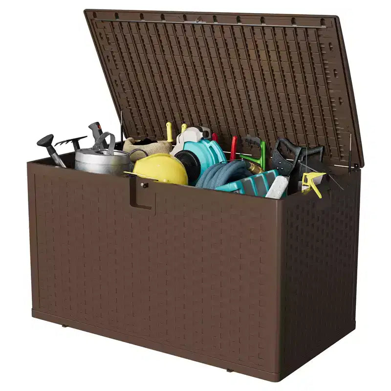 Grand coffre de rangement extérieur en résine de 450 litres – Conteneur de rangement étanche et verrouillable – Organiseur résistant aux intempéries pour coussins de terrasse, outils de jardin