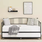 Twin Daybed [with Trundle]  Sturdy Metal with Steel Slat Support, Arched Headboard, Sofa Bed  for Living Room, Bedroom, Guest Room  [Color]
