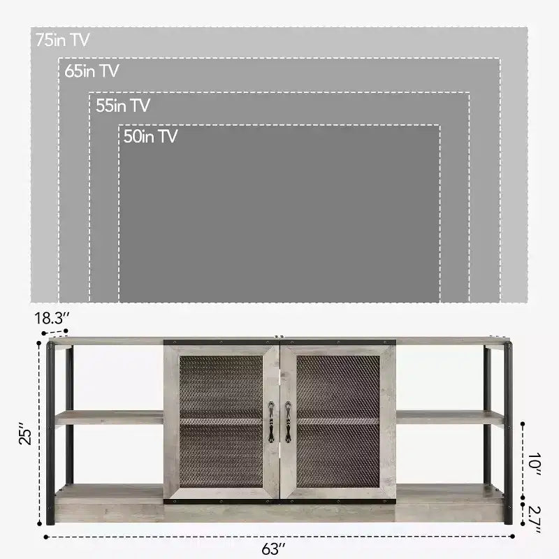 Meuble TV industriel pour téléviseurs jusqu'à 65 / 75 pouces, meuble de divertissement rustique avec armoire à double porte grillagée et étagères ouvertes, console multimédia pour salon