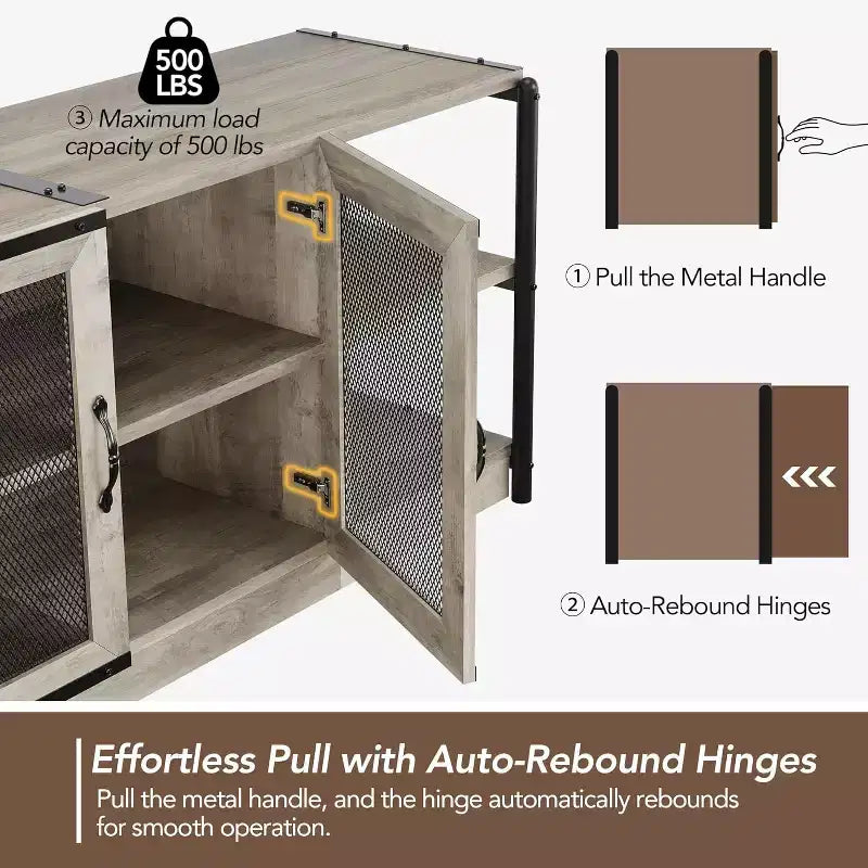 Meuble TV industriel pour téléviseurs jusqu'à 65 / 75 pouces, meuble de divertissement rustique avec armoire à double porte grillagée et étagères ouvertes, console multimédia pour salon