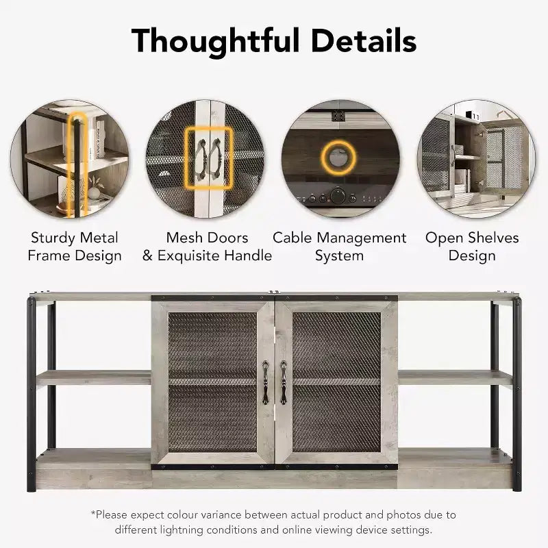 Meuble TV industriel pour téléviseurs jusqu'à 65 / 75 pouces, meuble de divertissement rustique avec armoire à double porte grillagée et étagères ouvertes, console multimédia pour salon