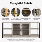 Meuble TV industriel pour téléviseurs jusqu'à 65 / 75 pouces, meuble de divertissement rustique avec armoire à double porte grillagée et étagères ouvertes, console multimédia pour salon
