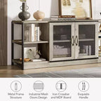 Meuble TV industriel pour téléviseurs jusqu'à 65 / 75 pouces, meuble de divertissement rustique avec armoire à double porte grillagée et étagères ouvertes, console multimédia pour salon