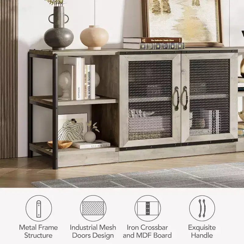 Meuble TV industriel pour téléviseurs jusqu'à 65 / 75 pouces, meuble de divertissement rustique avec armoire à double porte grillagée et étagères ouvertes, console multimédia pour salon
