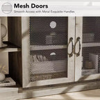 Meuble TV industriel pour téléviseurs jusqu'à 65 / 75 pouces, meuble de divertissement rustique avec armoire à double porte grillagée et étagères ouvertes, console multimédia pour salon