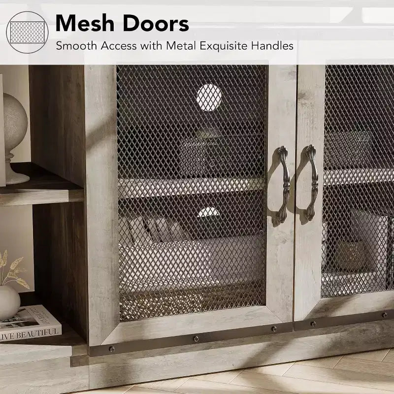 Meuble TV industriel pour téléviseurs jusqu'à 65 / 75 pouces, meuble de divertissement rustique avec armoire à double porte grillagée et étagères ouvertes, console multimédia pour salon