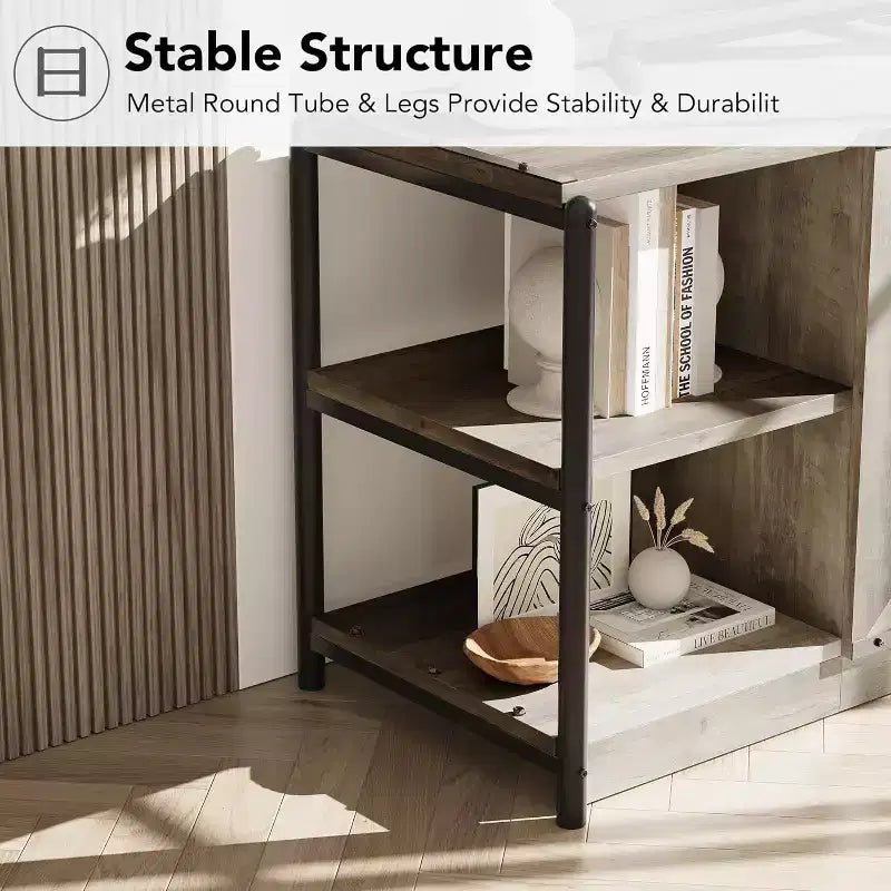 Meuble TV industriel pour téléviseurs jusqu'à 65 / 75 pouces, meuble de divertissement rustique avec armoire à double porte grillagée et étagères ouvertes, console multimédia pour salon