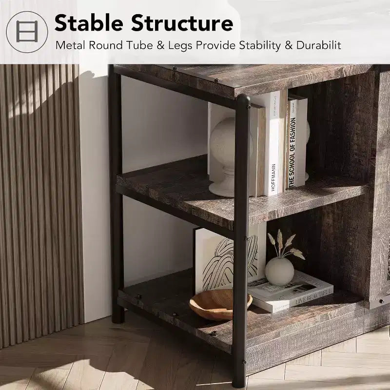 Meuble TV industriel pour téléviseurs jusqu'à 65 / 75 pouces, meuble de divertissement rustique avec armoire à double porte grillagée et étagères ouvertes, console multimédia pour salon