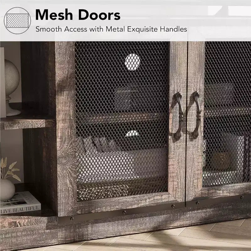 Meuble TV industriel pour téléviseurs jusqu'à 65 / 75 pouces, meuble de divertissement rustique avec armoire à double porte grillagée et étagères ouvertes, console multimédia pour salon