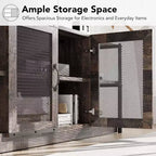Meuble TV industriel pour téléviseurs jusqu'à 65 / 75 pouces, meuble de divertissement rustique avec armoire à double porte grillagée et étagères ouvertes, console multimédia pour salon