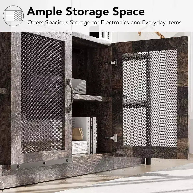Meuble TV industriel pour téléviseurs jusqu'à 65 / 75 pouces, meuble de divertissement rustique avec armoire à double porte grillagée et étagères ouvertes, console multimédia pour salon