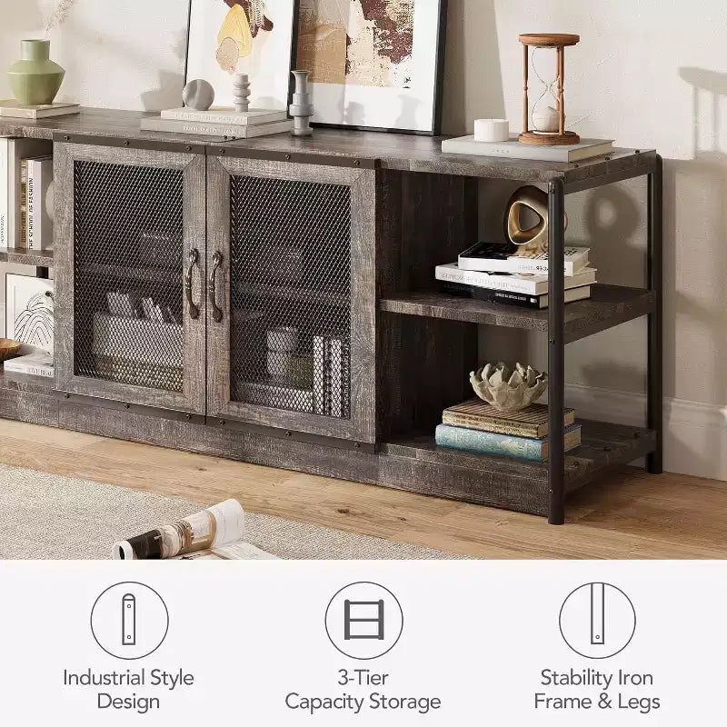 Meuble TV industriel pour téléviseurs jusqu'à 65 / 75 pouces, meuble de divertissement rustique avec armoire à double porte grillagée et étagères ouvertes, console multimédia pour salon