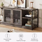 Meuble TV industriel pour téléviseurs jusqu'à 65 / 75 pouces, meuble de divertissement rustique avec armoire à double porte grillagée et étagères ouvertes, console multimédia pour salon