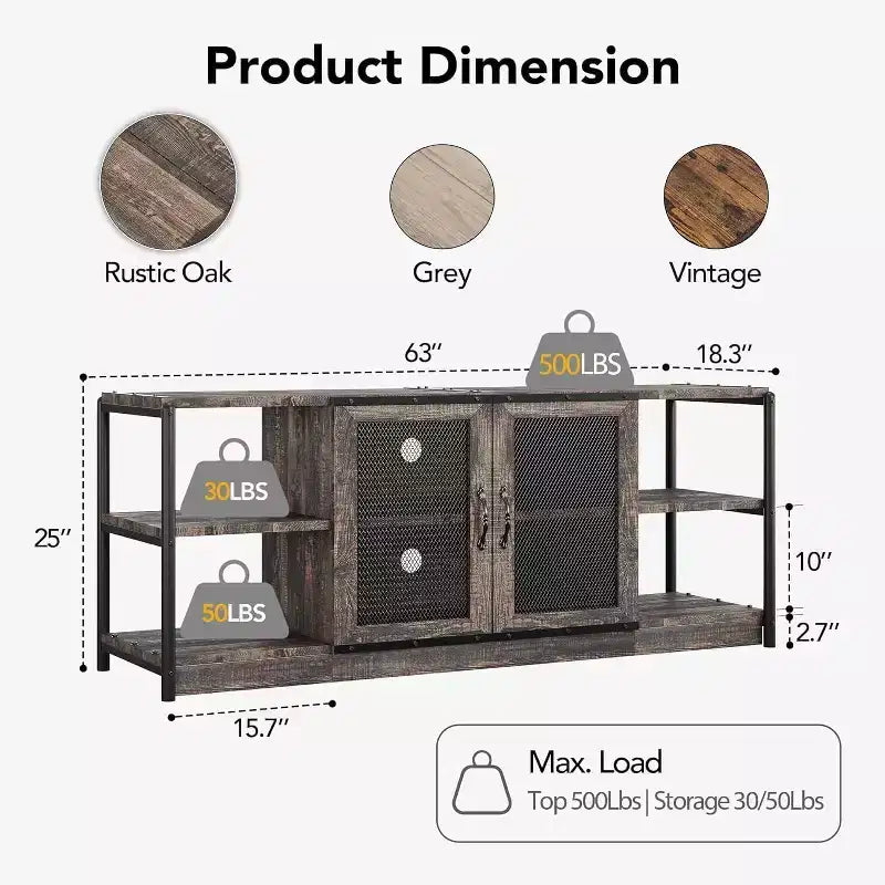 Meuble TV industriel pour téléviseurs jusqu'à 65 / 75 pouces, meuble de divertissement rustique avec armoire à double porte grillagée et étagères ouvertes, console multimédia pour salon