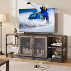 Industrial TV Stand for TVs up to 65 / 75, Rustic Entertainment Center with Double Mesh Door Cabinet & Open Shelves, Media Console for Living Room