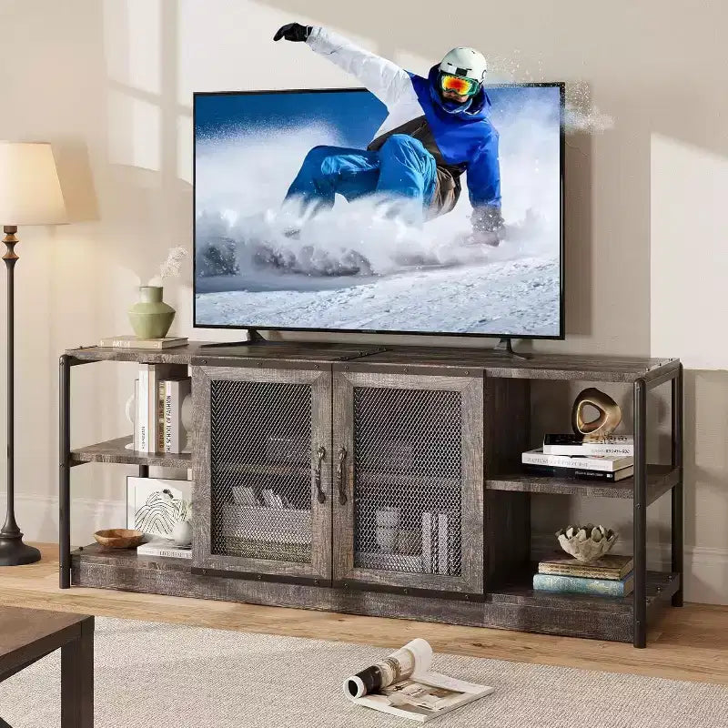 Industrial TV Stand for TVs up to 65 / 75, Rustic Entertainment Center with Double Mesh Door Cabinet & Open Shelves, Media Console for Living Room