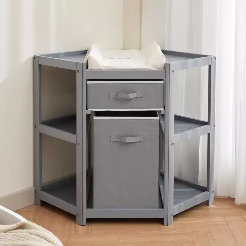 Corner Diaper Changing Table, Baby Diaper Changing Station with Storage Drawer and Laundry Hamper, Multi-Functional Changing Table Organizer