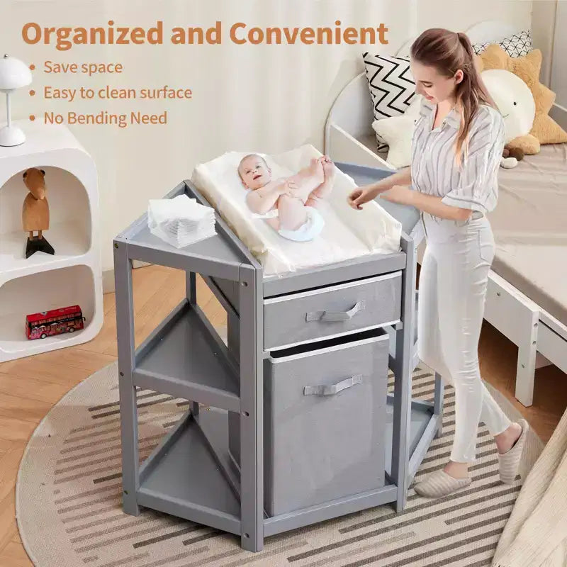 Table à langer d'angle, Station à langer pour bébé avec tiroir de rangement et panier à linge, Organiseur de table à langer multifonctionnel