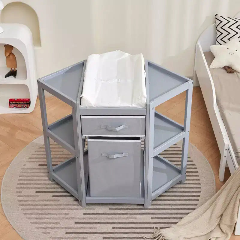Table à langer d'angle, Station à langer pour bébé avec tiroir de rangement et panier à linge, Organiseur de table à langer multifonctionnel