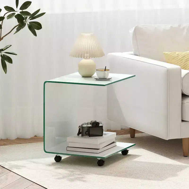 Costway Table d'appoint en C 1/2 pièce avec étagère à 2 niveaux, 4 roulettes pivotantes verrouillables pour salon transparent/blanc