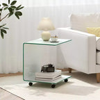 Costway Table d'appoint en C 1/2 pièce avec étagère à 2 niveaux, 4 roulettes pivotantes verrouillables pour salon transparent/blanc