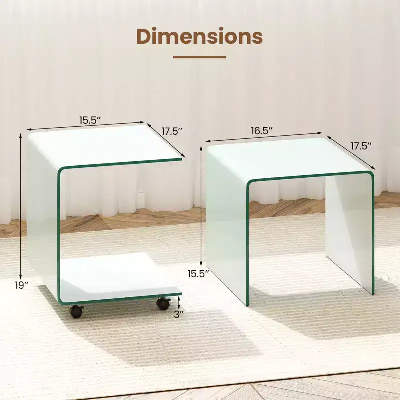 Costway Table d'appoint en C 1/2 pièce avec étagère à 2 niveaux, 4 roulettes pivotantes verrouillables pour salon transparent/blanc