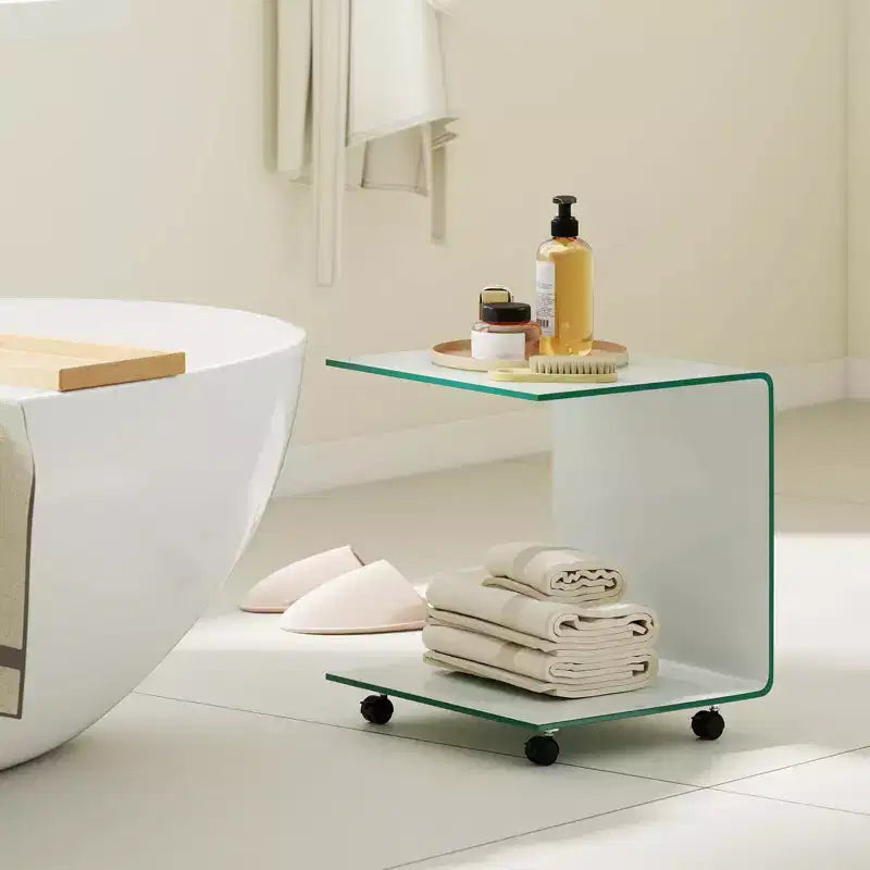 Costway Table d'appoint en C 1/2 pièce avec étagère à 2 niveaux, 4 roulettes pivotantes verrouillables pour salon transparent/blanc