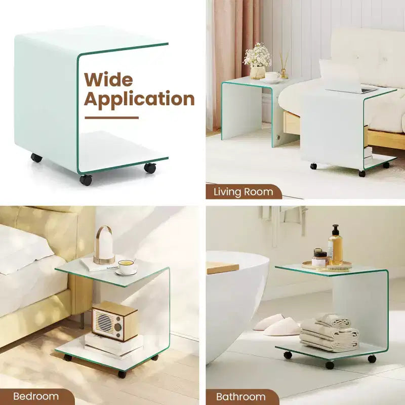 Costway Table d'appoint en C 1/2 pièce avec étagère à 2 niveaux, 4 roulettes pivotantes verrouillables pour salon transparent/blanc