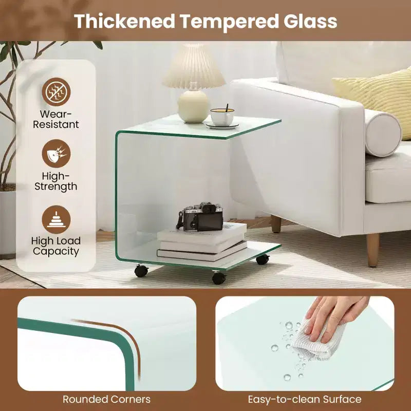Costway Table d'appoint en C 1/2 pièce avec étagère à 2 niveaux, 4 roulettes pivotantes verrouillables pour salon transparent/blanc