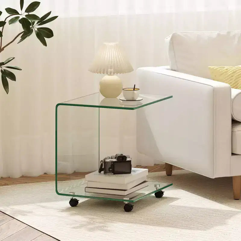 Costway Table d'appoint en C 1/2 pièce avec étagère à 2 niveaux, 4 roulettes pivotantes verrouillables pour salon transparent/blanc