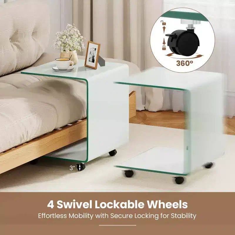 Costway Table d'appoint en C 1/2 pièce avec étagère à 2 niveaux, 4 roulettes pivotantes verrouillables pour salon transparent/blanc