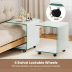 Costway Table d'appoint en C 1/2 pièce avec étagère à 2 niveaux, 4 roulettes pivotantes verrouillables pour salon transparent/blanc