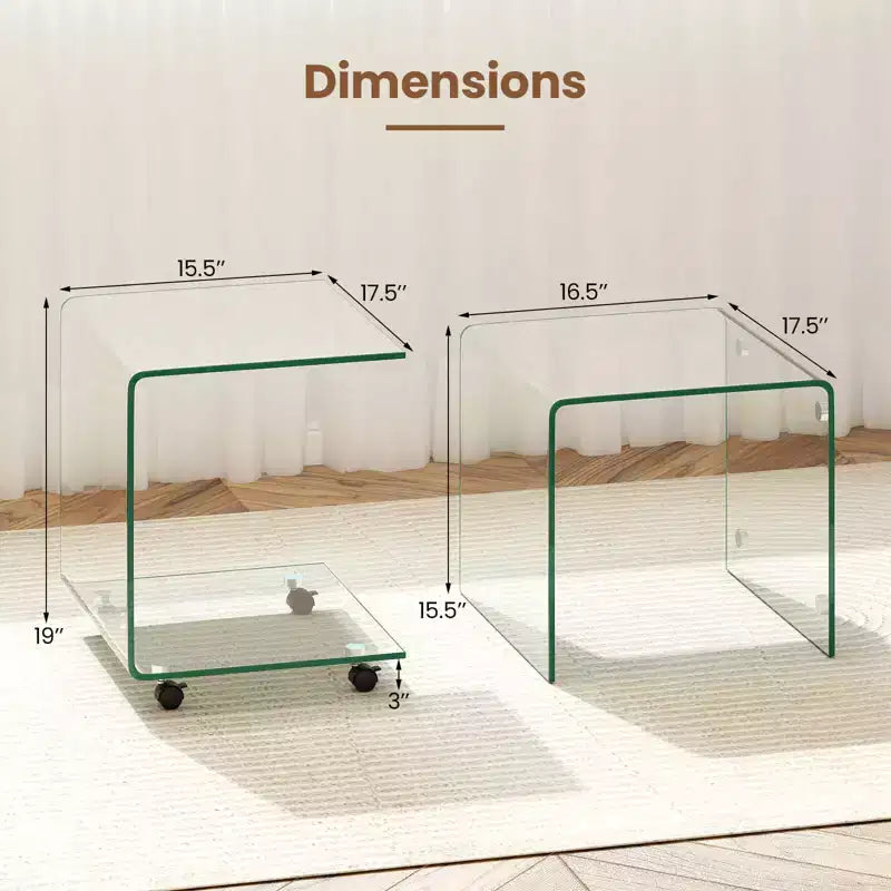 Costway Table d'appoint en C 1/2 pièce avec étagère à 2 niveaux, 4 roulettes pivotantes verrouillables pour salon transparent/blanc
