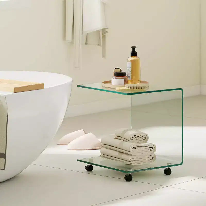 Costway Table d'appoint en C 1/2 pièce avec étagère à 2 niveaux, 4 roulettes pivotantes verrouillables pour salon transparent/blanc