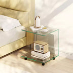 Costway Table d'appoint en C 1/2 pièce avec étagère à 2 niveaux, 4 roulettes pivotantes verrouillables pour salon transparent/blanc